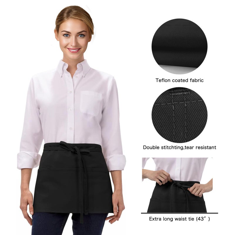 BOHARERS 3 Pockets Waitress Apron 12 Pack Cotton Server Apron Black Half Aprons for Men & Women Waterproof and Oil Proof - Image 2